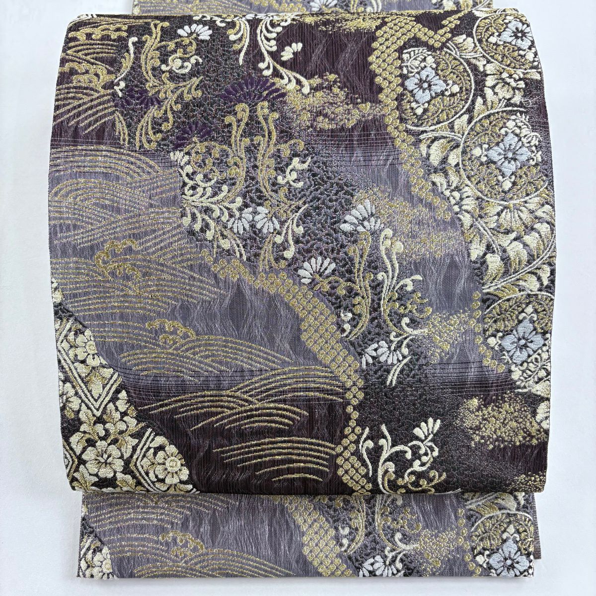 【美品】 袋帶 名品級 花唐草紋 華紋 金絲 刺繡 茶紫 六通 純蠶絲