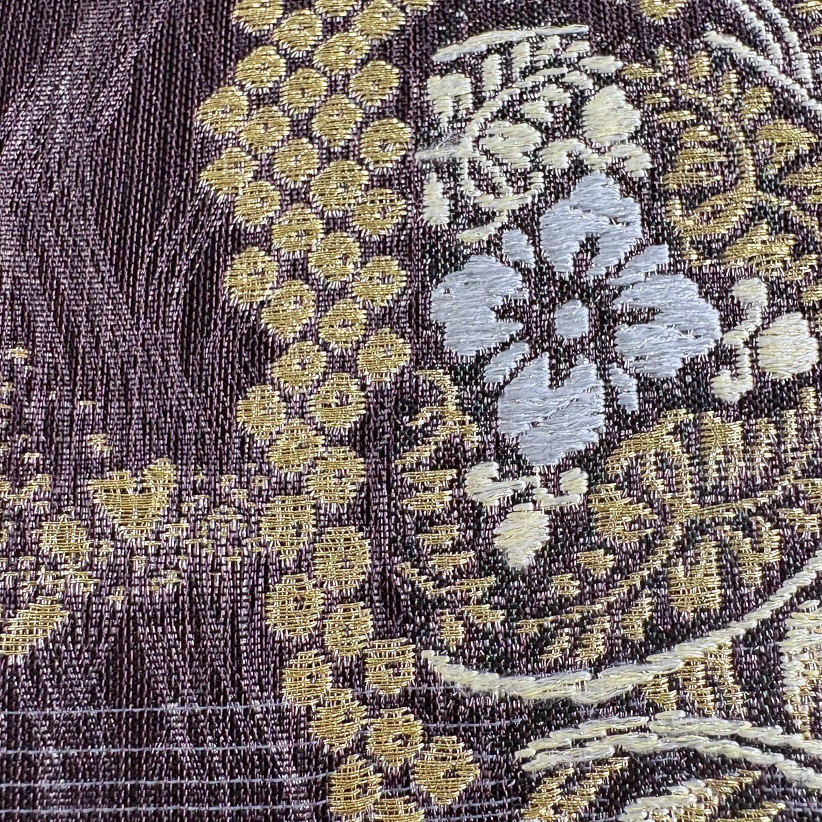 【美品】 袋帶 名品級 花唐草紋 華紋 金絲 刺繡 茶紫 六通 純蠶絲