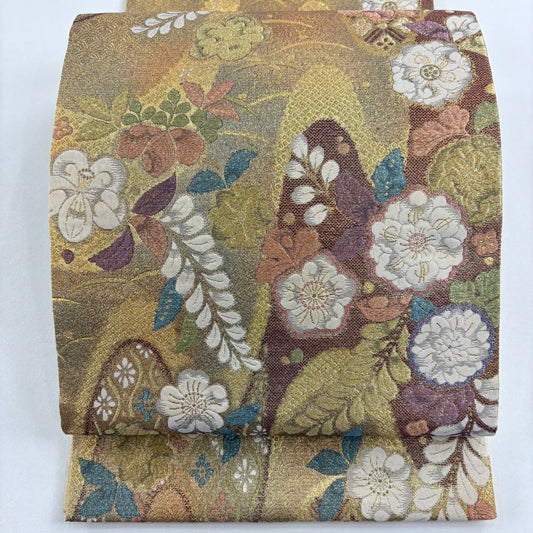 【美品】 袋帶 名品級 大和 手先二通草花紋 露芝 金絲 金金箔 金色 全通 純蠶絲