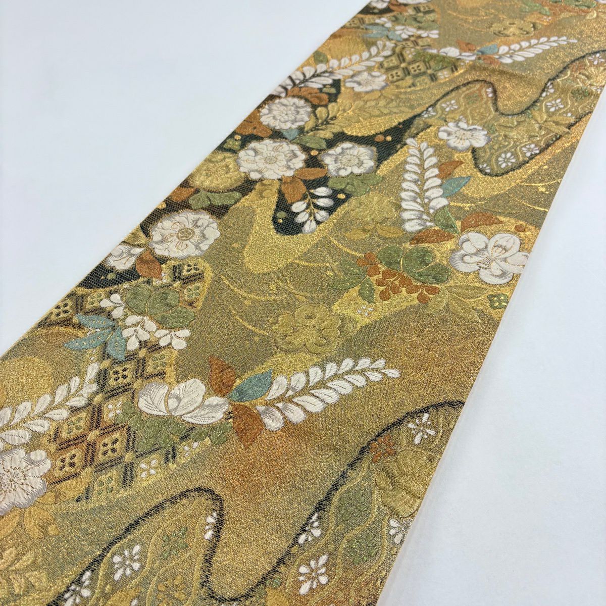 【美品】 袋帶 名品級 大和 手先二通草花紋 露芝 金絲 金金箔 金色 全通 純蠶絲