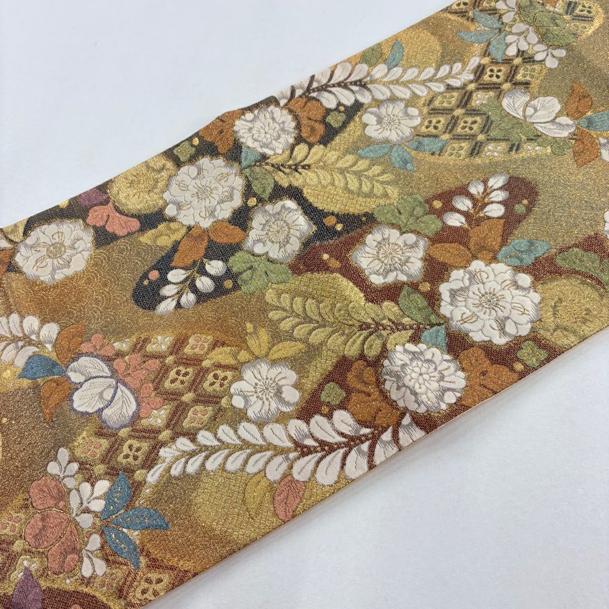【美品】 袋帶 名品級 大和 手先二通草花紋 露芝 金絲 金金箔 金色 全通 純蠶絲