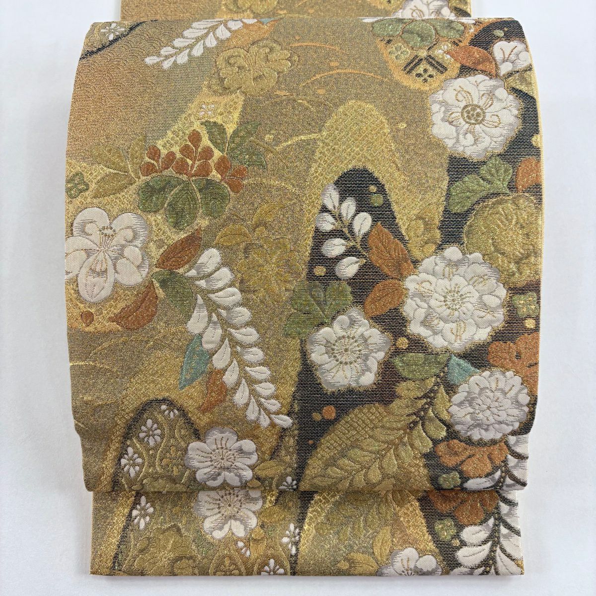 【美品】 袋帶 名品級 大和 手先二通草花紋 露芝 金絲 金金箔 金色 全通 純蠶絲