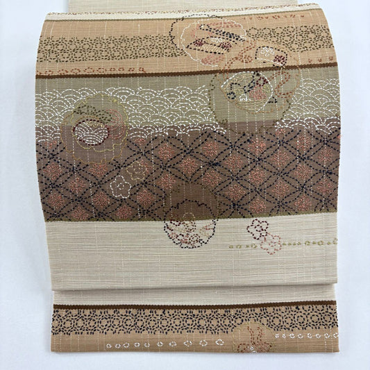 【美品】 袋帶 名品級 夏帶 雪輪 有職紋樣 刺繡 米色 お太鼓柄 純蠶絲