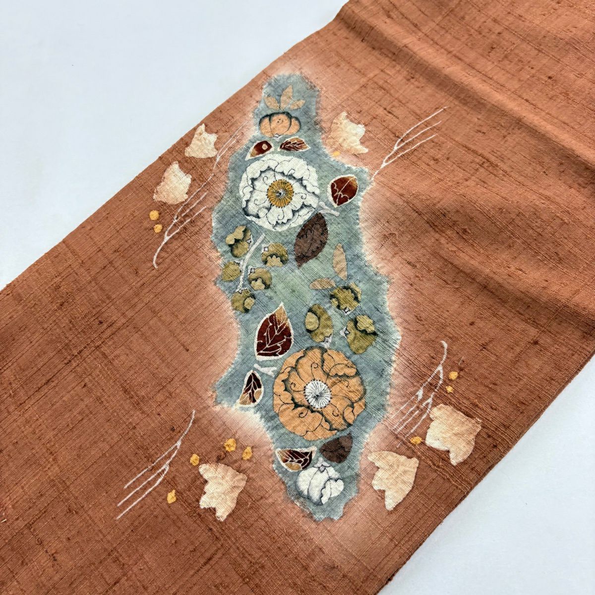 【美品】 開口名古屋帶 名品級 紬織織 辻花染圖案 波紋 漸層 紅茶 純蠶絲