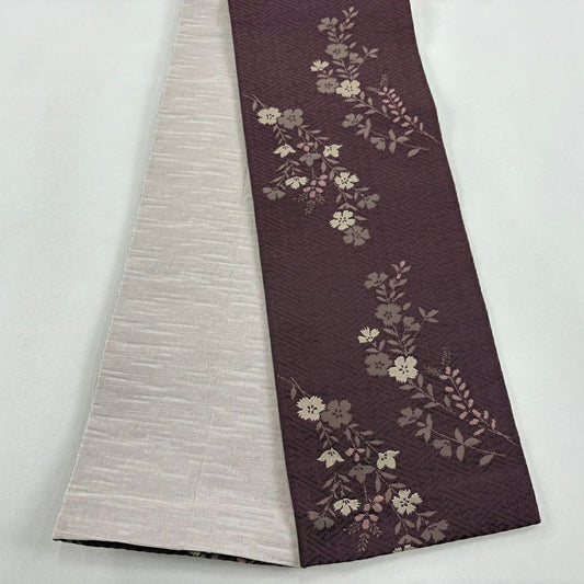 【美品】半幅帶 優品級 草花紋 茶紫 化纖