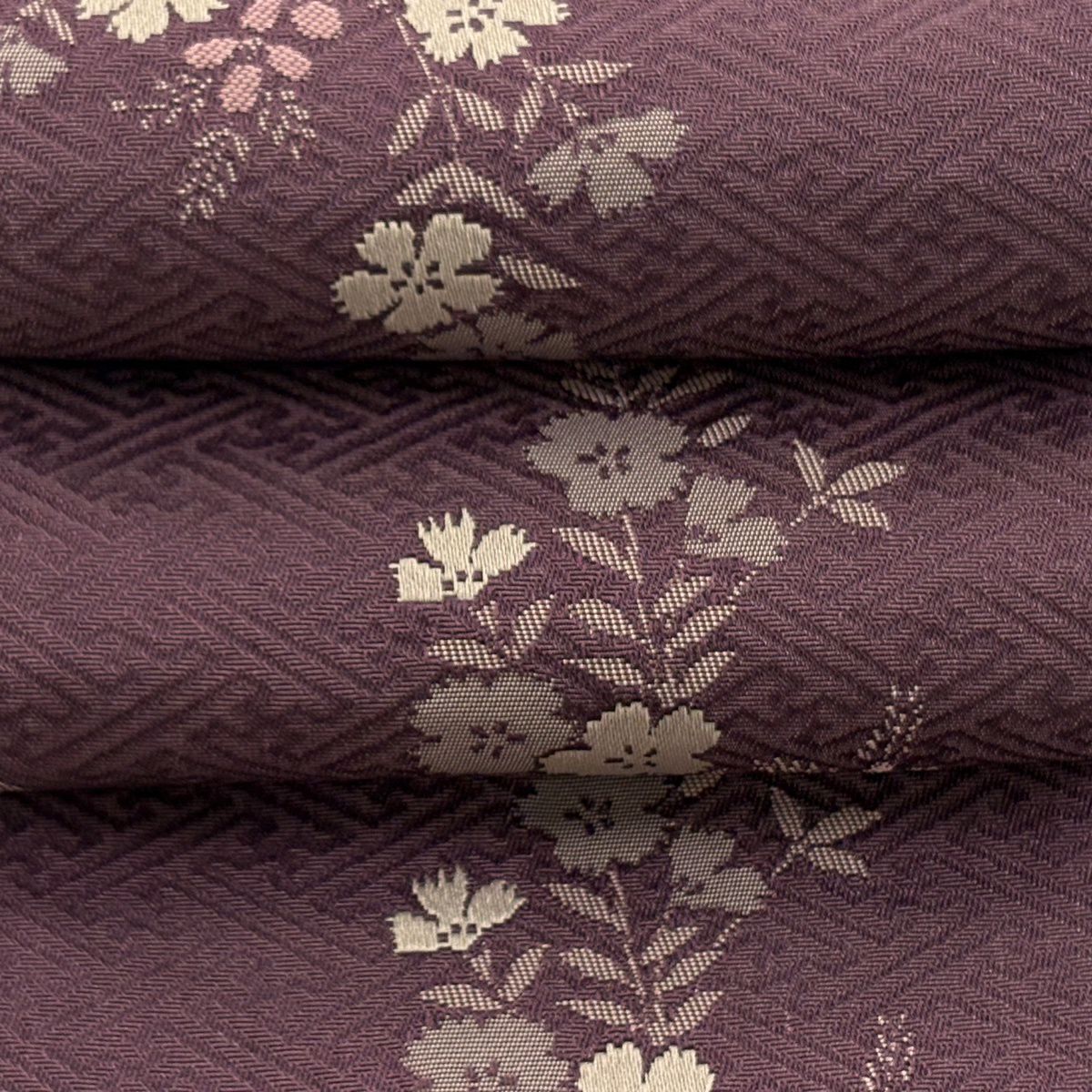 【美品】半幅帶 優品級 草花紋 茶紫 化纖