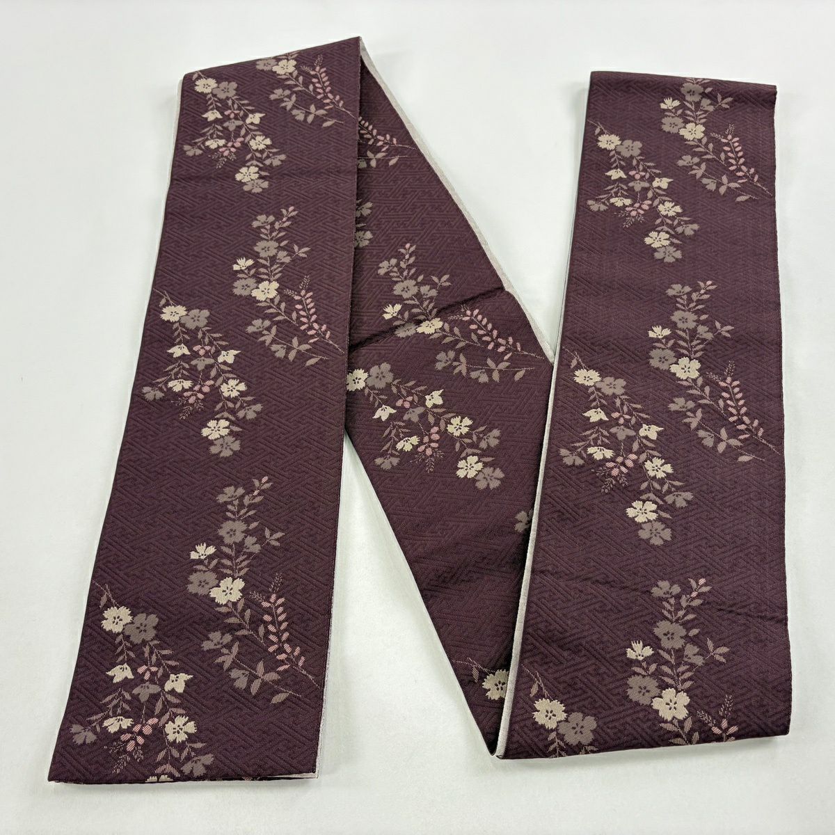 【美品】半幅帶 優品級 草花紋 茶紫 化纖