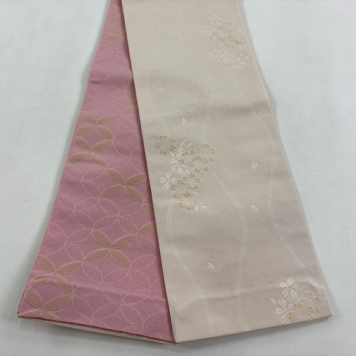【美品】半幅帶 優品級 夏音 立涌 櫻花 米色 化纖