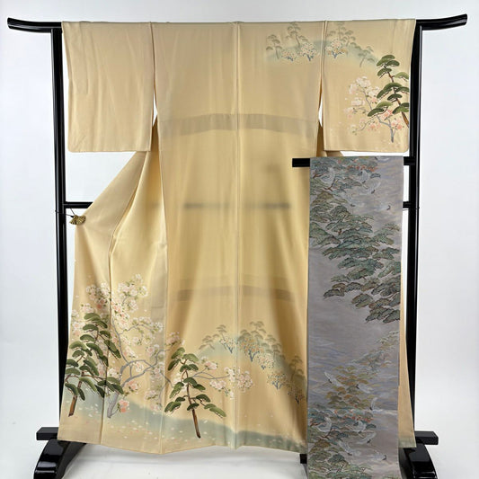 【美品】訪問服 身長162.5cm 袖長63.5cm S 雙層 袋帶套裝 松樹 樱花 漸層 米色 純蠶絲 名品級