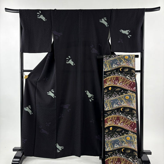 【美品】 小紋 身長164cm 袖長68cm L 雙層 袋帶套裝 兔子 金彩裝飾 絞染 黑 純蠶絲 名品級