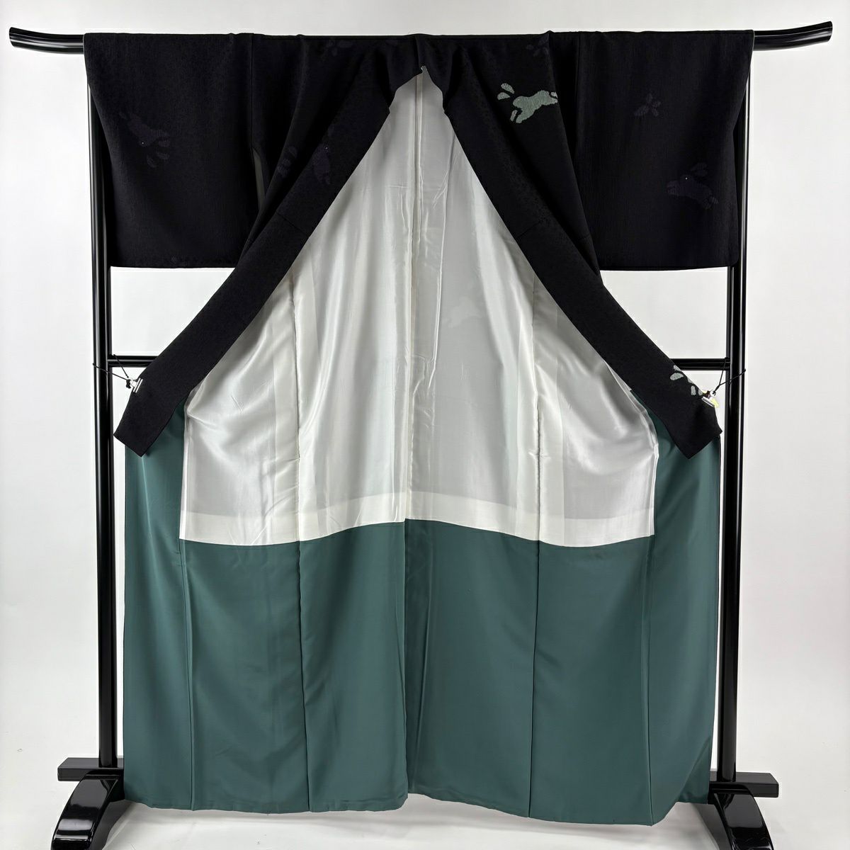 【美品】 小紋 身長164cm 袖長68cm L 雙層 袋帶套裝 兔子 金彩裝飾 絞染 黑 純蠶絲 名品級