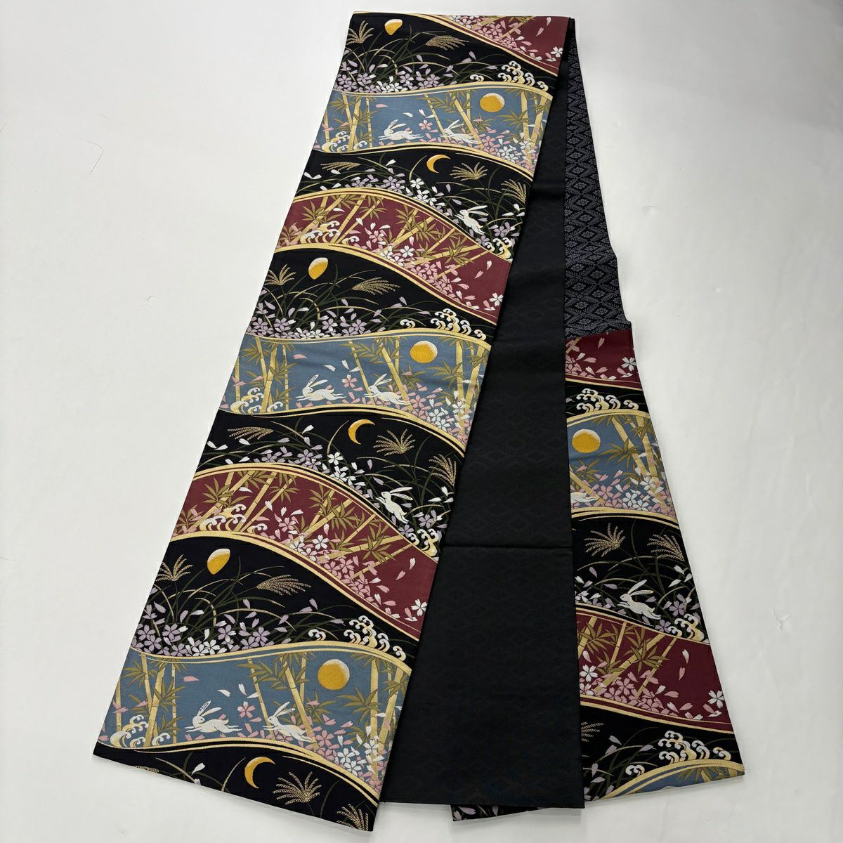 【美品】 小紋 身長164cm 袖長68cm L 雙層 袋帶套裝 兔子 金彩裝飾 絞染 黑 純蠶絲 名品級