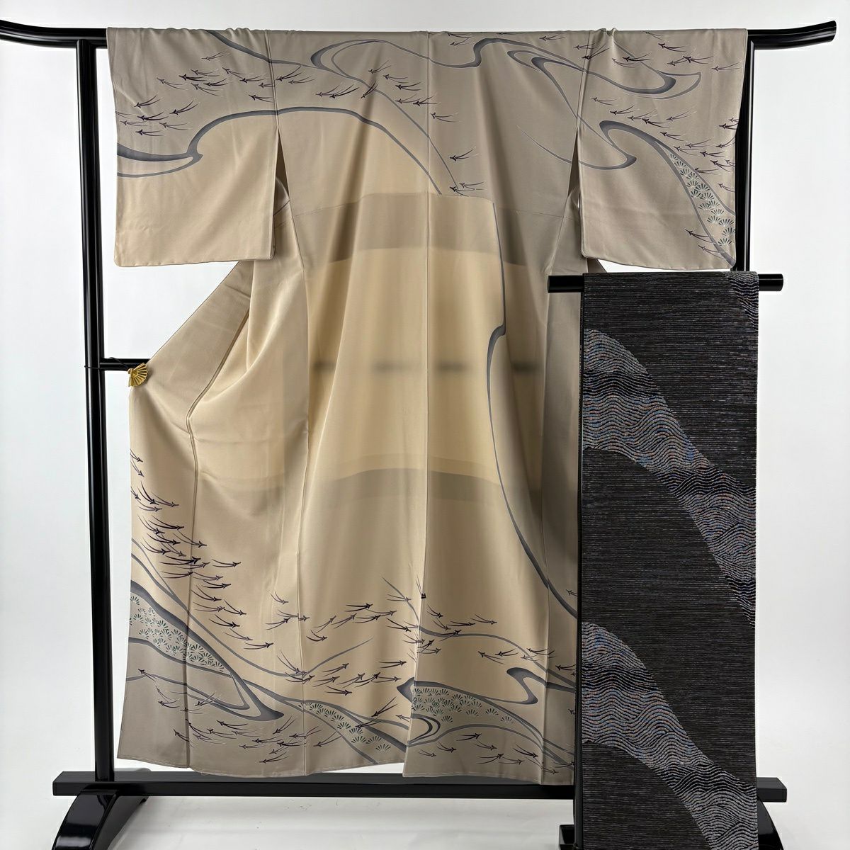【美品】訪問服 身長156.5cm 袖長64cm M 雙層 袋帶套裝 落款有 松樹葉 松樹 薄茶 純蠶絲 秀品級