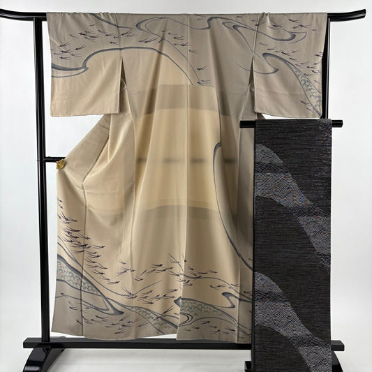 【美品】訪問服 身長156.5cm 袖長64cm M 雙層 袋帶套裝 落款有 松樹葉 松樹 薄茶 純蠶絲 秀品級
