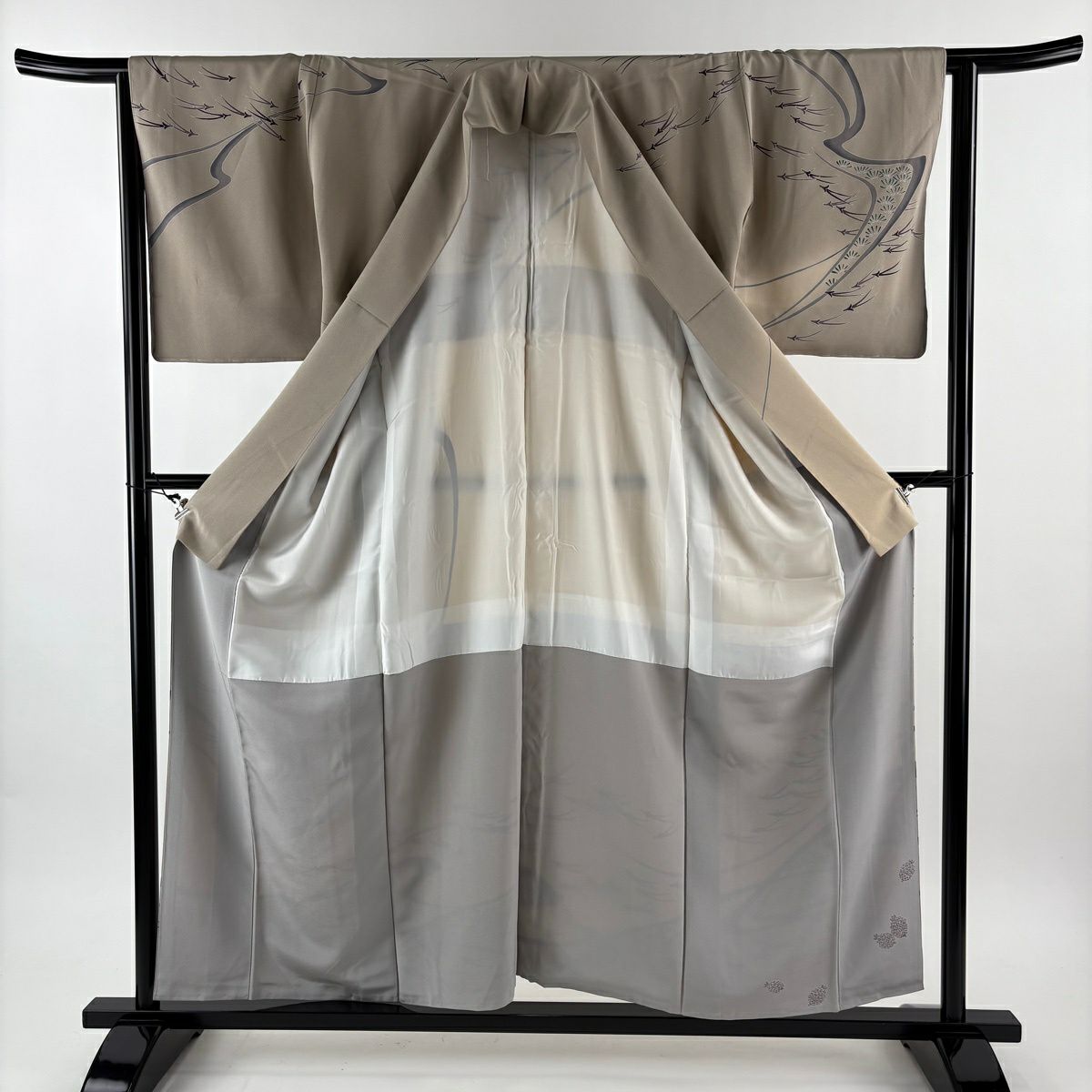 【美品】訪問服 身長156.5cm 袖長64cm M 雙層 袋帶套裝 落款有 松樹葉 松樹 薄茶 純蠶絲 秀品級