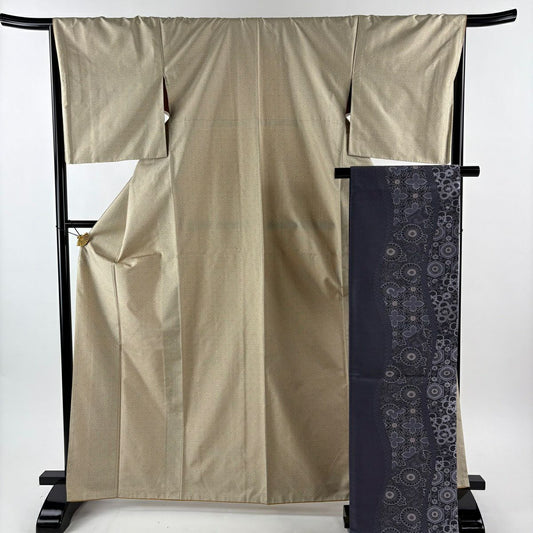 【美品】 紬織 身長167cm 袖長67.5cm L 雙層 袋帶套裝 紗綾形 米色 純蠶絲 優品級