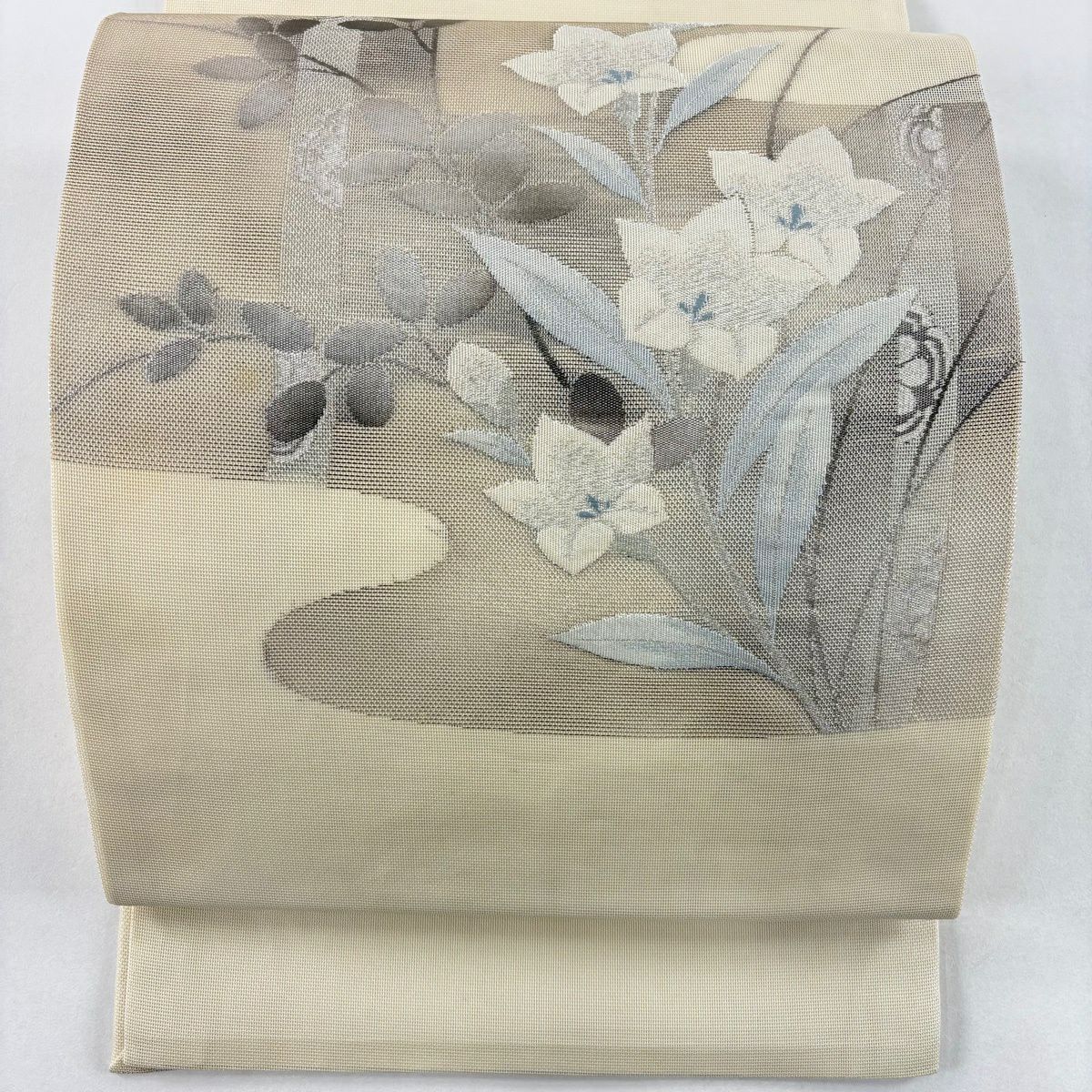 開口名古屋帶 優品級 夏帶 紗 桔梗 萩 銀線 金金箔 米色 純蠶絲