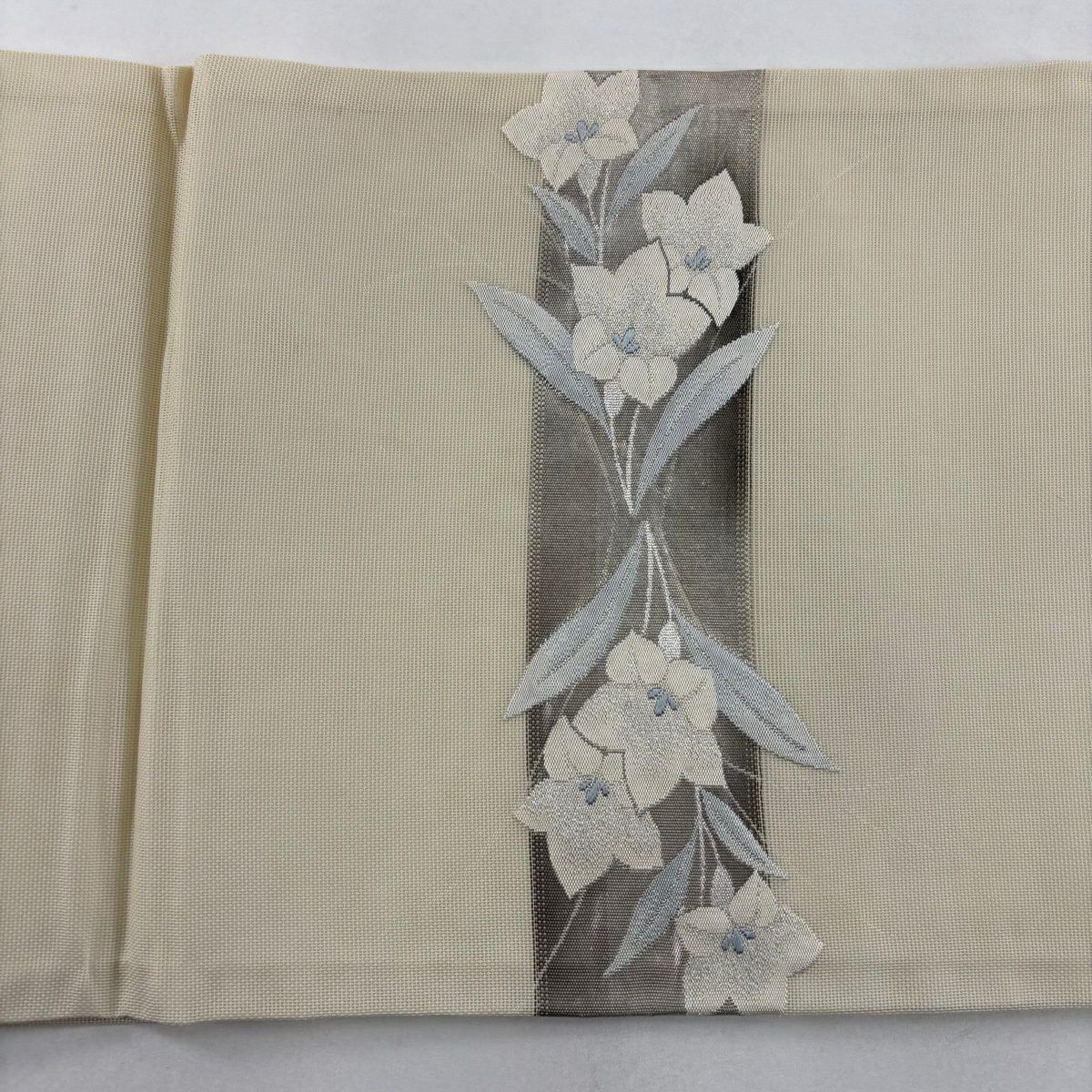 開口名古屋帶 優品級 夏帶 紗 桔梗 萩 銀線 金金箔 米色 純蠶絲