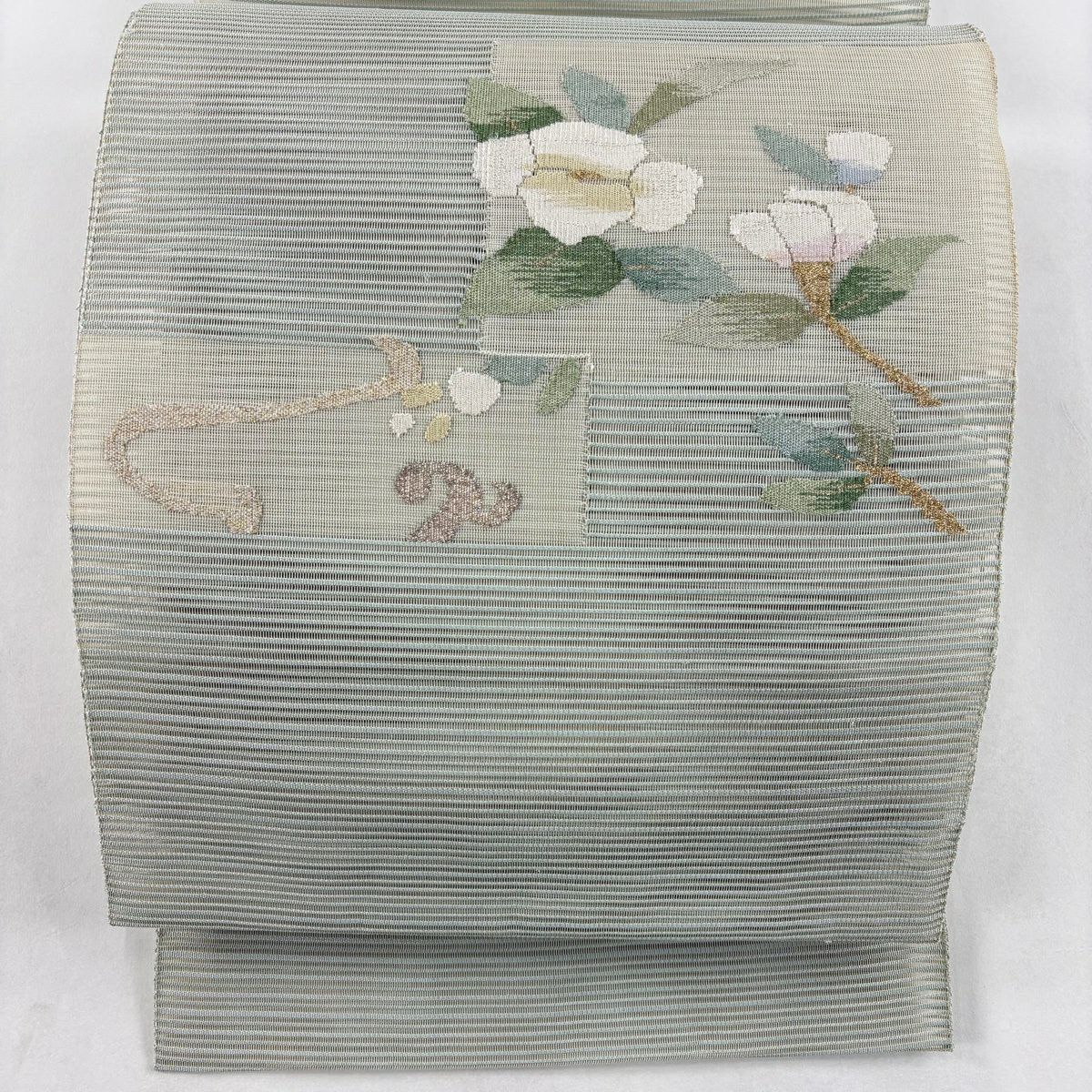 名古屋帶 優品級 八寸名古屋帶 松樹葉仕立 夏帶 絽 色紙 椿 金金箔 金銀彩 灰綠 純蠶絲