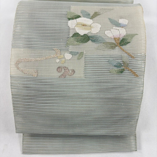 名古屋帶 優品級 八寸名古屋帶 松樹葉仕立 夏帶 絽 色紙 椿 金金箔 金銀彩 灰綠 純蠶絲