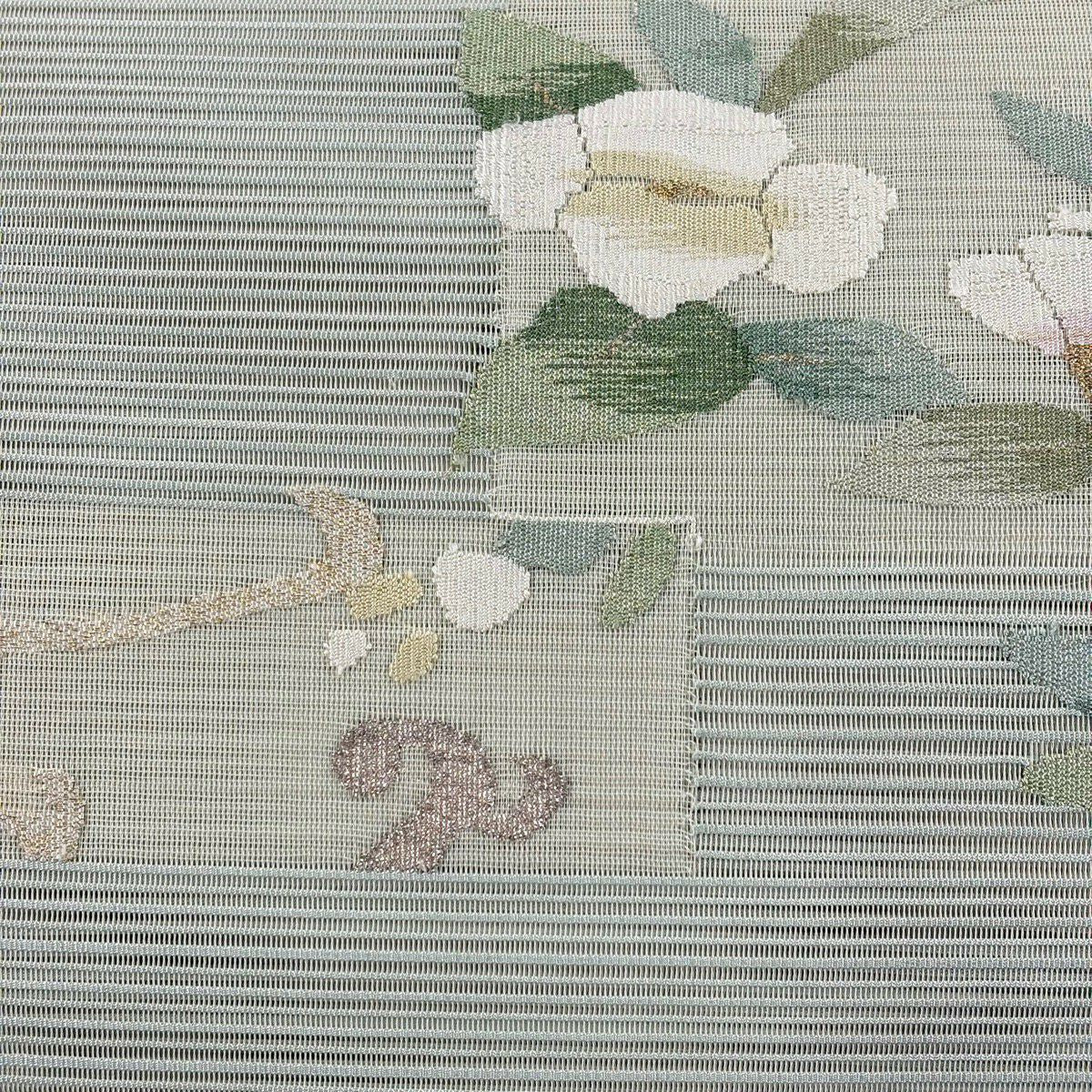 名古屋帶 優品級 八寸名古屋帶 松樹葉仕立 夏帶 絽 色紙 椿 金金箔 金銀彩 灰綠 純蠶絲