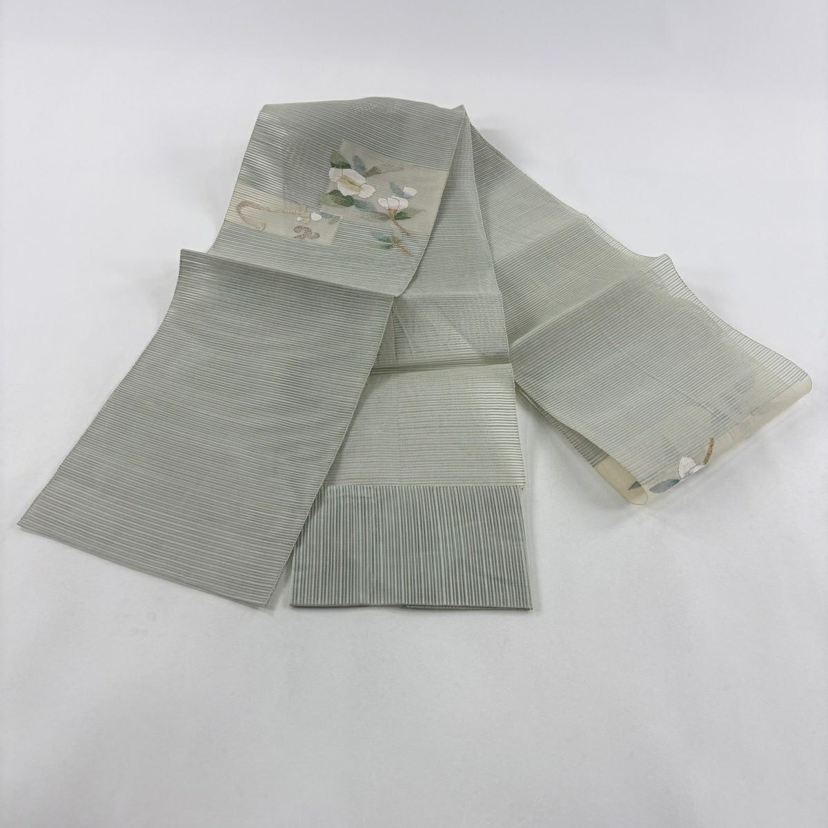 名古屋帶 優品級 八寸名古屋帶 松樹葉仕立 夏帶 絽 色紙 椿 金金箔 金銀彩 灰綠 純蠶絲