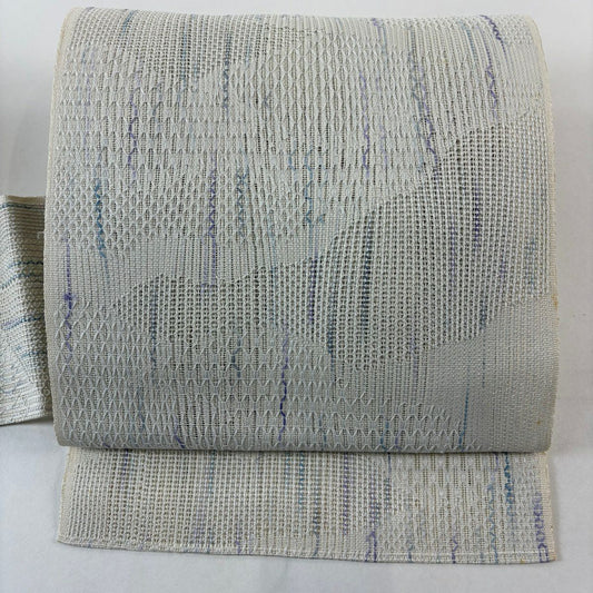 名古屋帶 優品級 八寸名古屋帶 松樹葉仕立 夏帶 關西仕立 縞 幾何學圖案 奶油色 純蠶絲