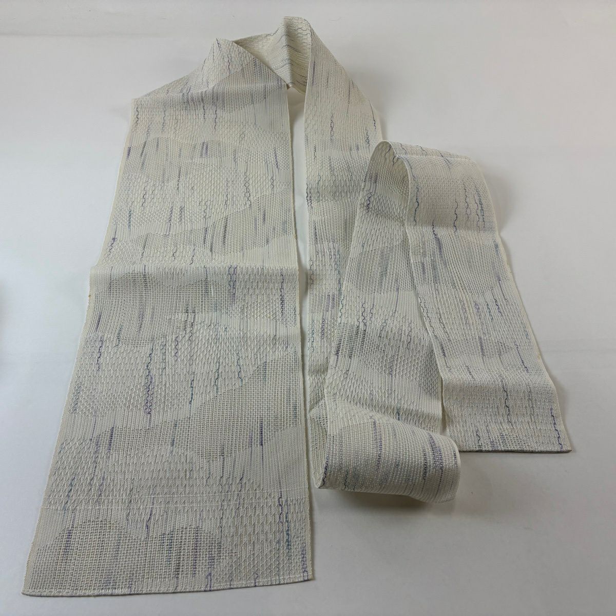名古屋帶 優品級 八寸名古屋帶 松樹葉仕立 夏帶 關西仕立 縞 幾何學圖案 奶油色 純蠶絲