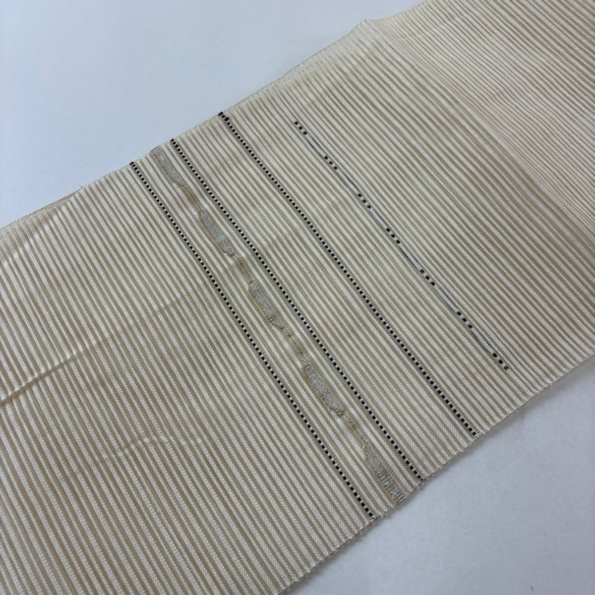 名古屋帶 優品級 八寸名古屋帶 夏帶 絽 縞 幾何圖案 金銀彩 米色 純蠶絲