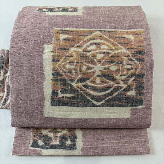 【美品】 名古屋帶 優品級 紬織織 色紙 幾何學圖案 淺紫 純蠶絲