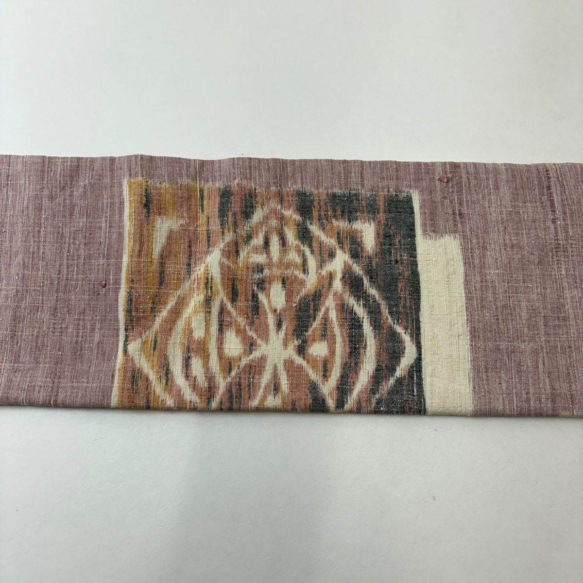【美品】 名古屋帶 優品級 紬織織 色紙 幾何學圖案 淺紫 純蠶絲