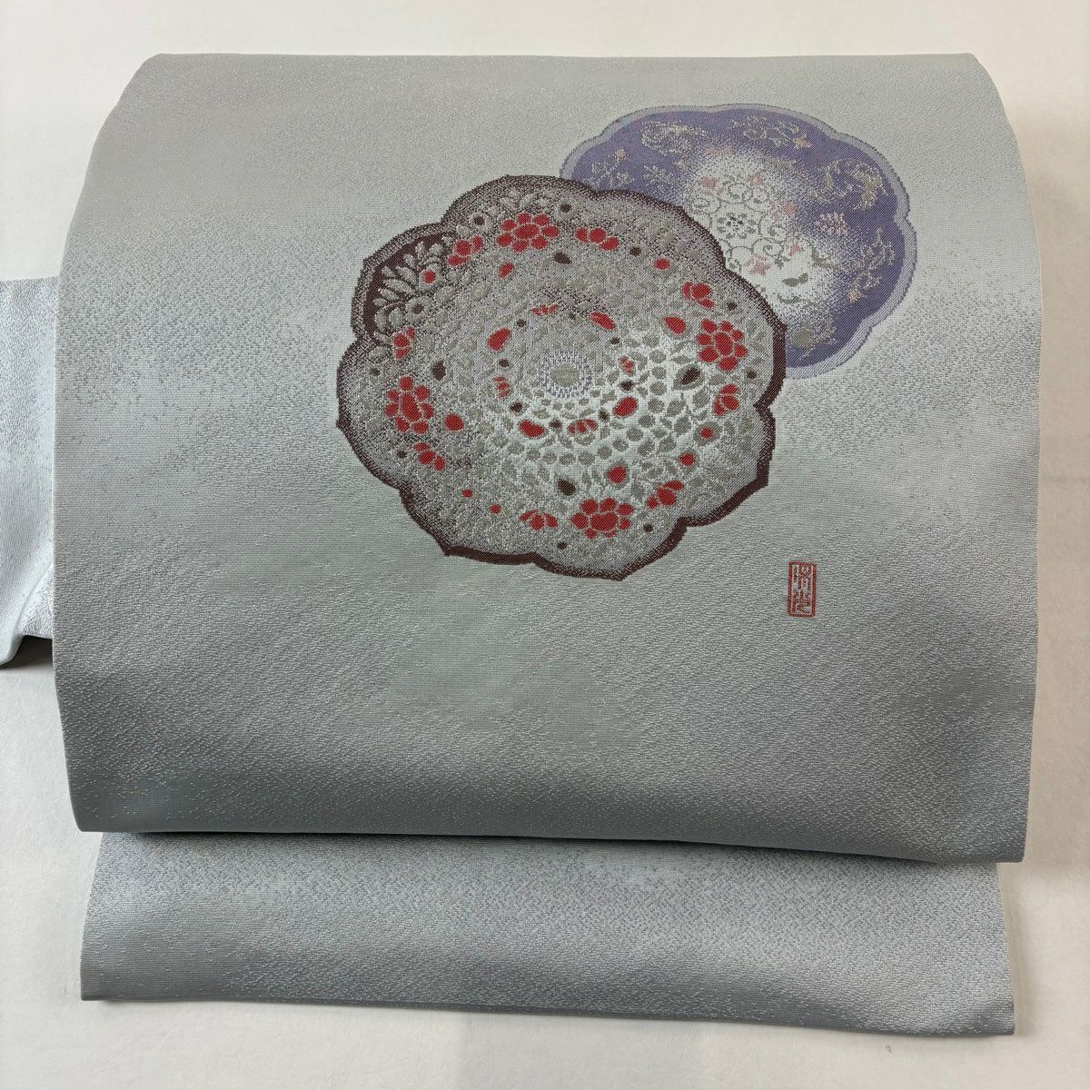 【美品】名古屋帶 優品級 有落款 關西仕立 鏡裏文 華紋 銀通 銀線 青灰色 純蠶絲