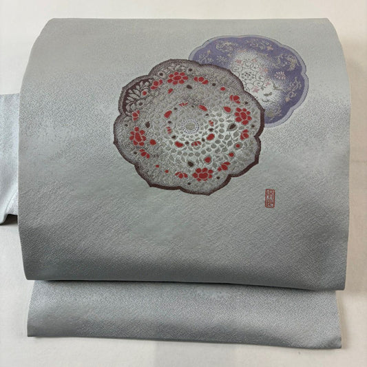 【美品】名古屋帶 優品級 有落款 關西仕立 鏡裏文 華紋 銀通 銀線 青灰色 純蠶絲