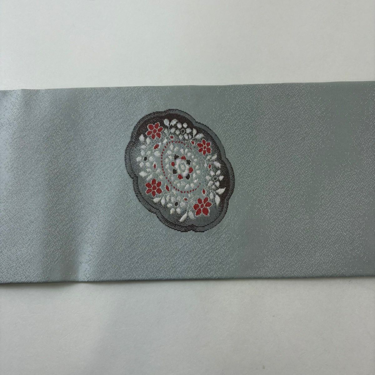 【美品】名古屋帶 優品級 有落款 關西仕立 鏡裏文 華紋 銀通 銀線 青灰色 純蠶絲
