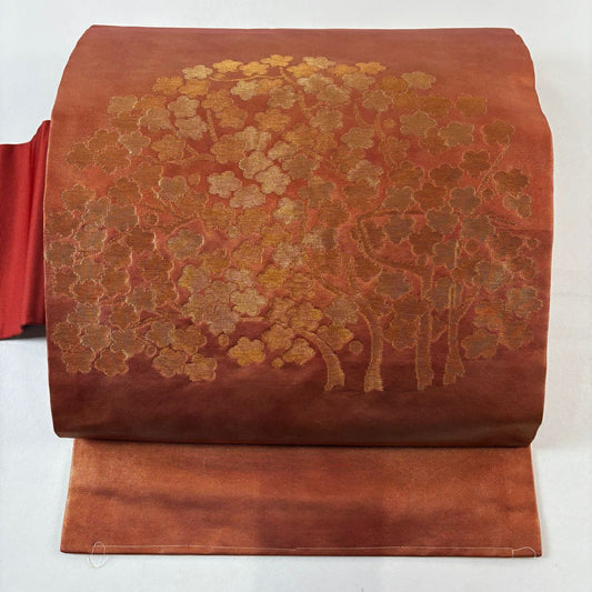 【美品】 名古屋帶 優品級 枝梅花 金絲 金金箔 紅茶 純蠶絲