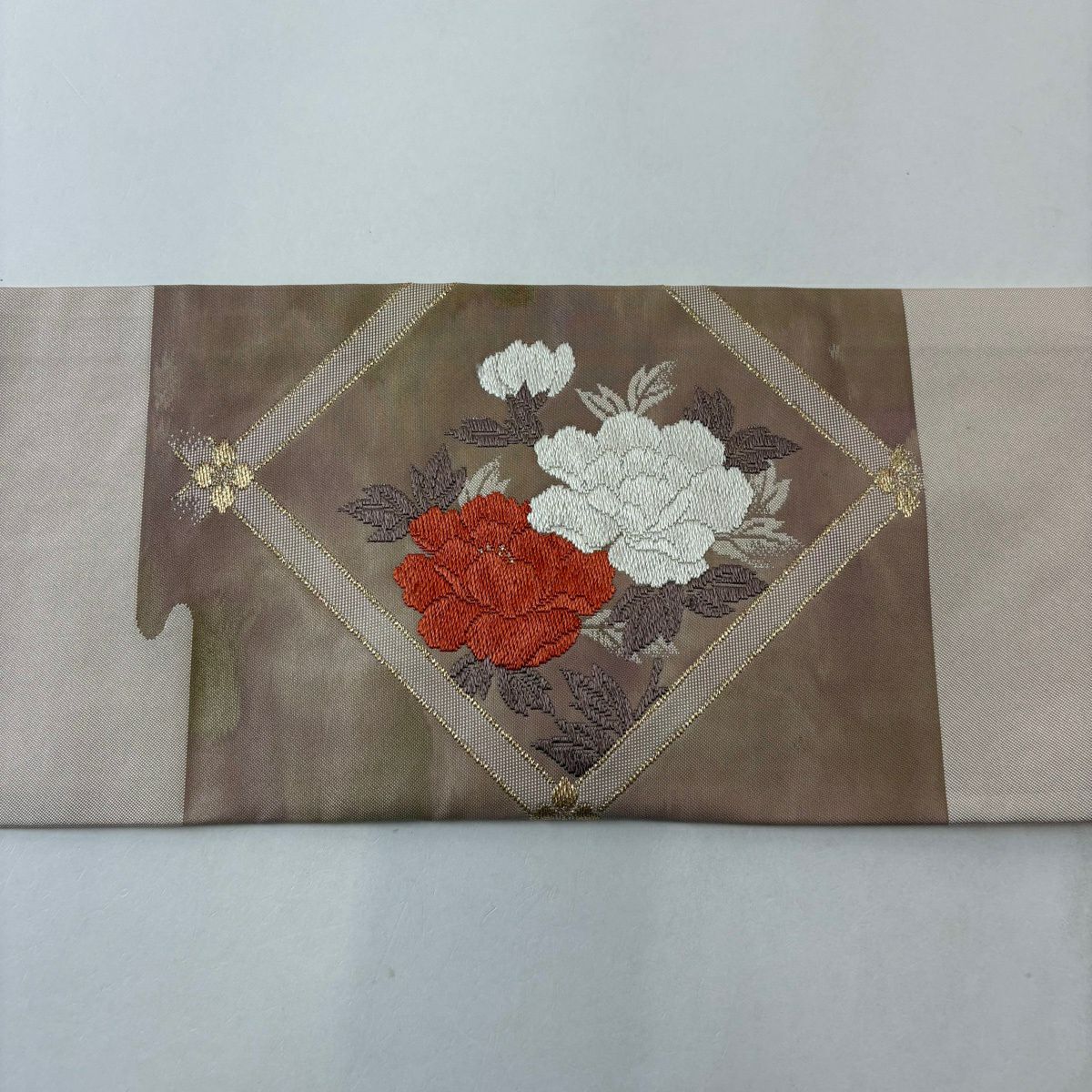 名古屋帶 優品級 草花紋紋 鴛鴦 金金箔 薄小豆 純蠶絲
