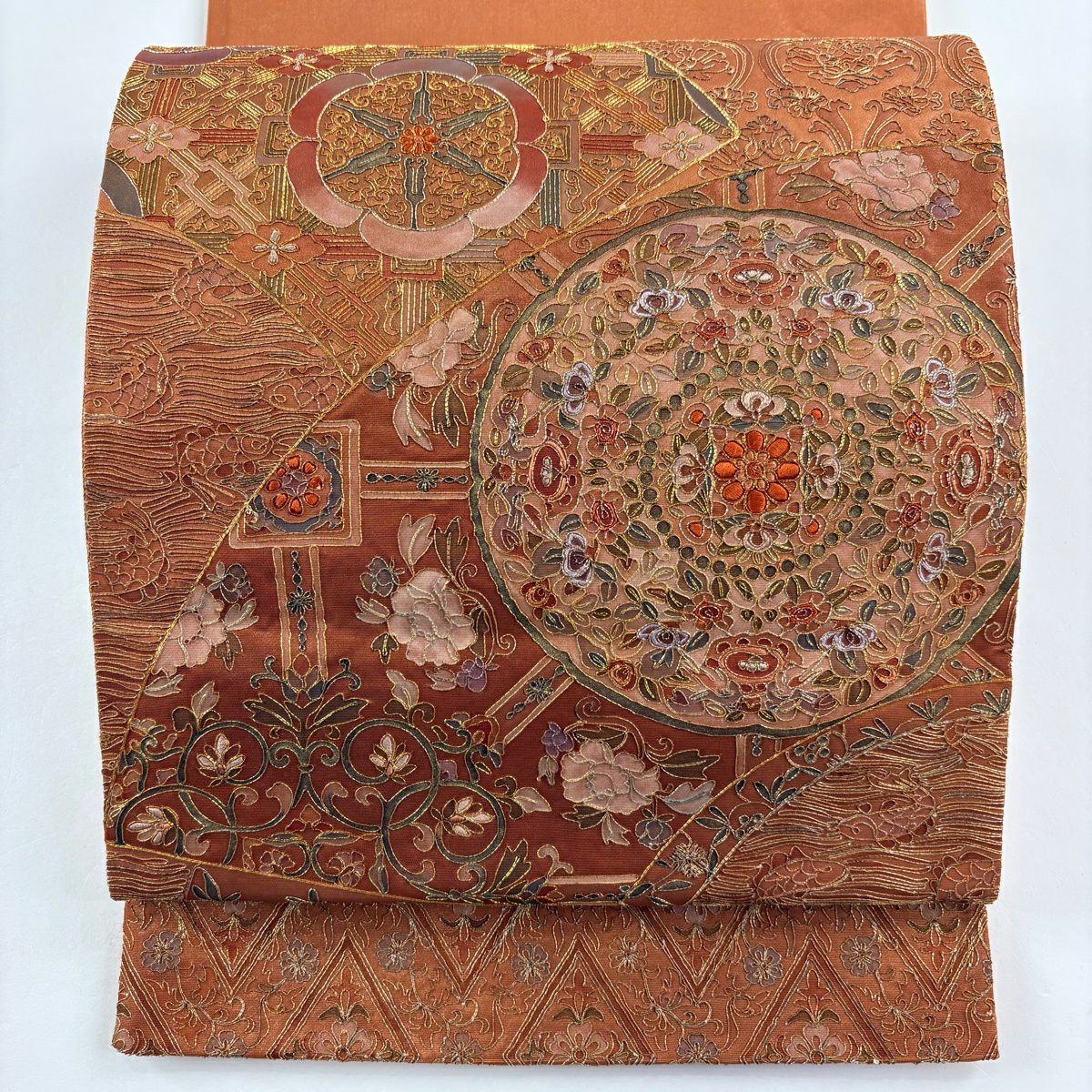 【美品】 袋帶 名品級 證書齊全 華紋 草花紋紋 金絲刺繡 橙色 大鼓圖案 純蠶絲
