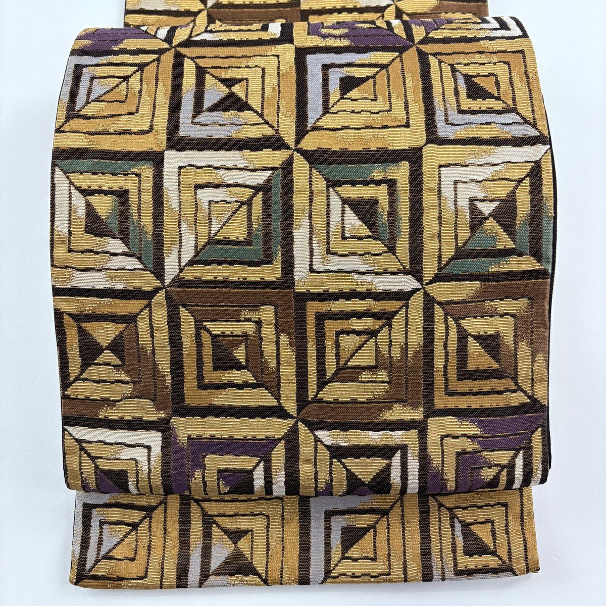 【美品】 袋帶 名品級 幾何圖案 金絲 茶 六通 純蠶絲