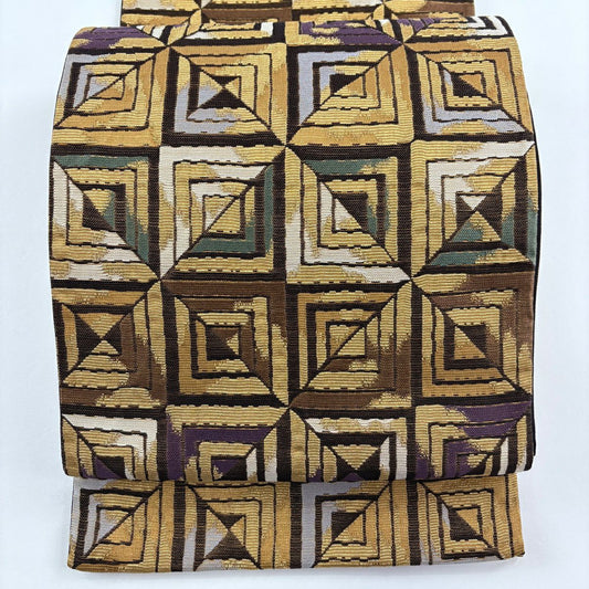 【美品】 袋帶 名品級 幾何圖案 金絲 茶 六通 純蠶絲