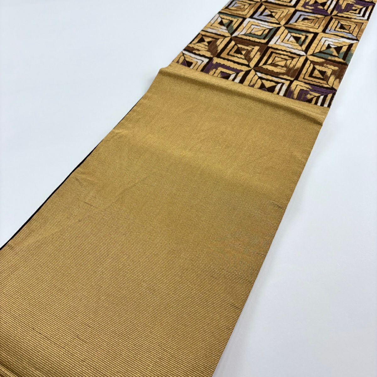 【美品】 袋帶 名品級 幾何圖案 金絲 茶 六通 純蠶絲
