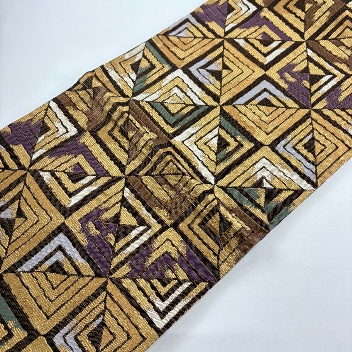【美品】 袋帶 名品級 幾何圖案 金絲 茶 六通 純蠶絲