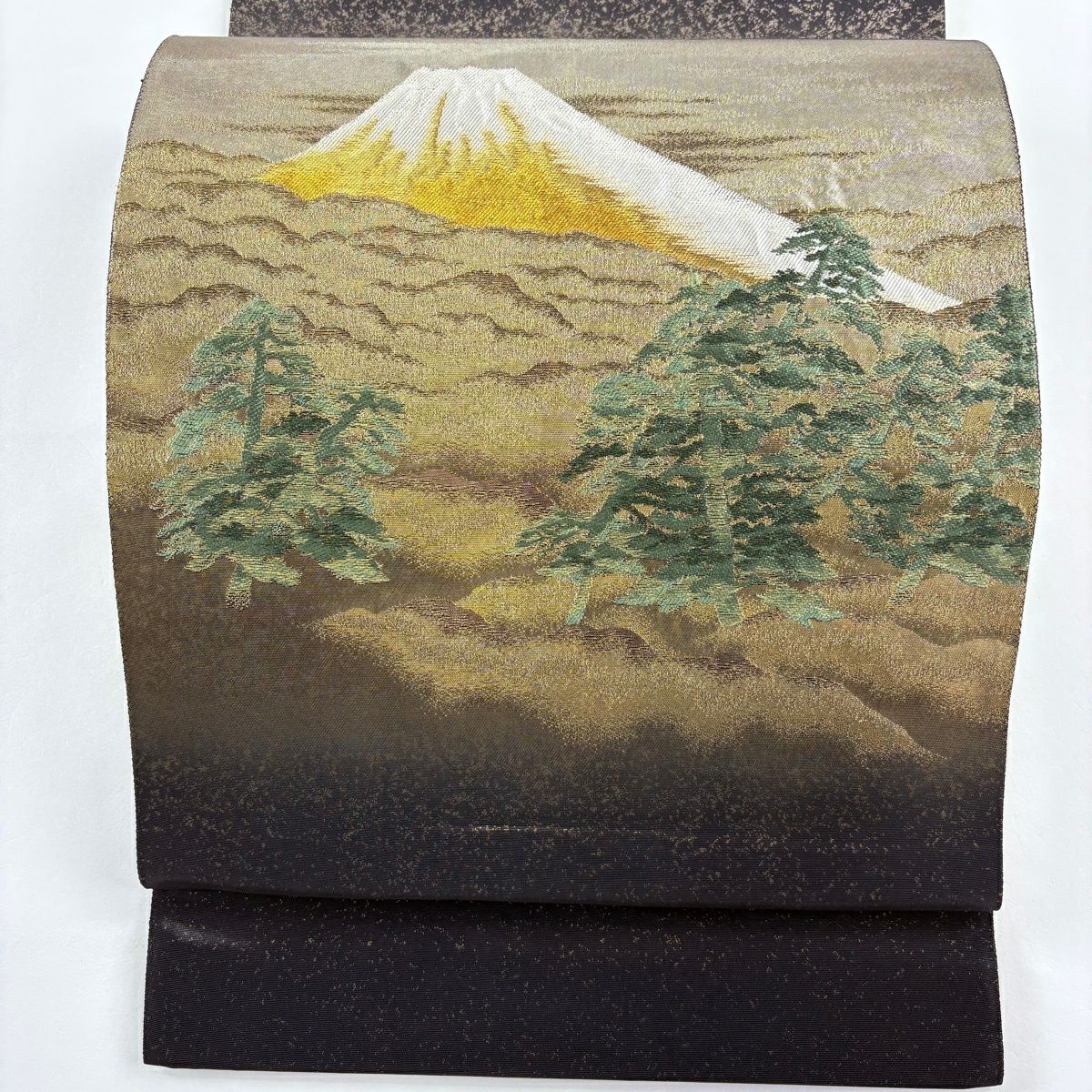 袋帶 名品級 橫山大觀 落款 富士山 松樹 金糸 金金箔 黑 お太鼓柄 純蠶絲