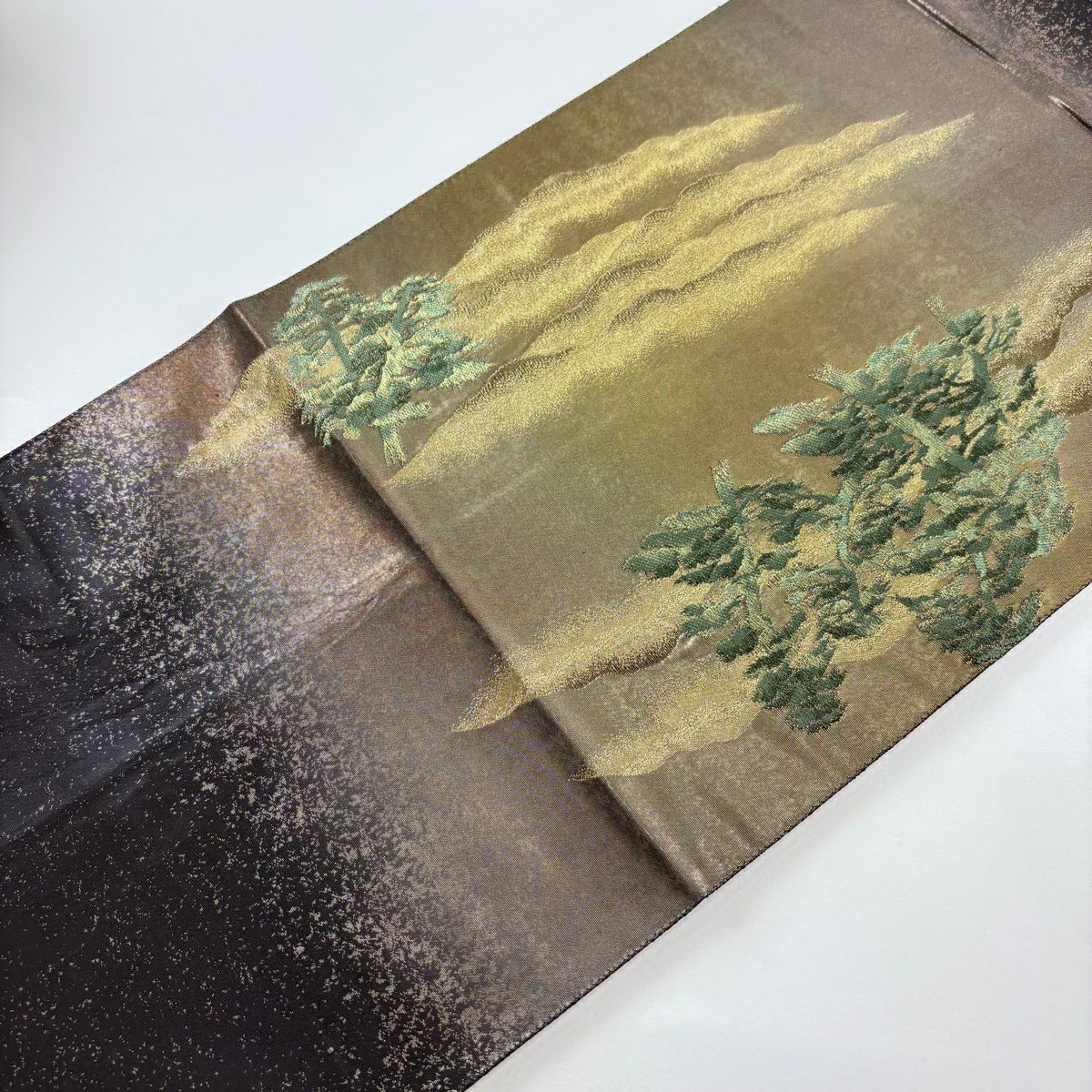 袋帶 名品級 橫山大觀 落款 富士山 松樹 金糸 金金箔 黑 お太鼓柄 純蠶絲