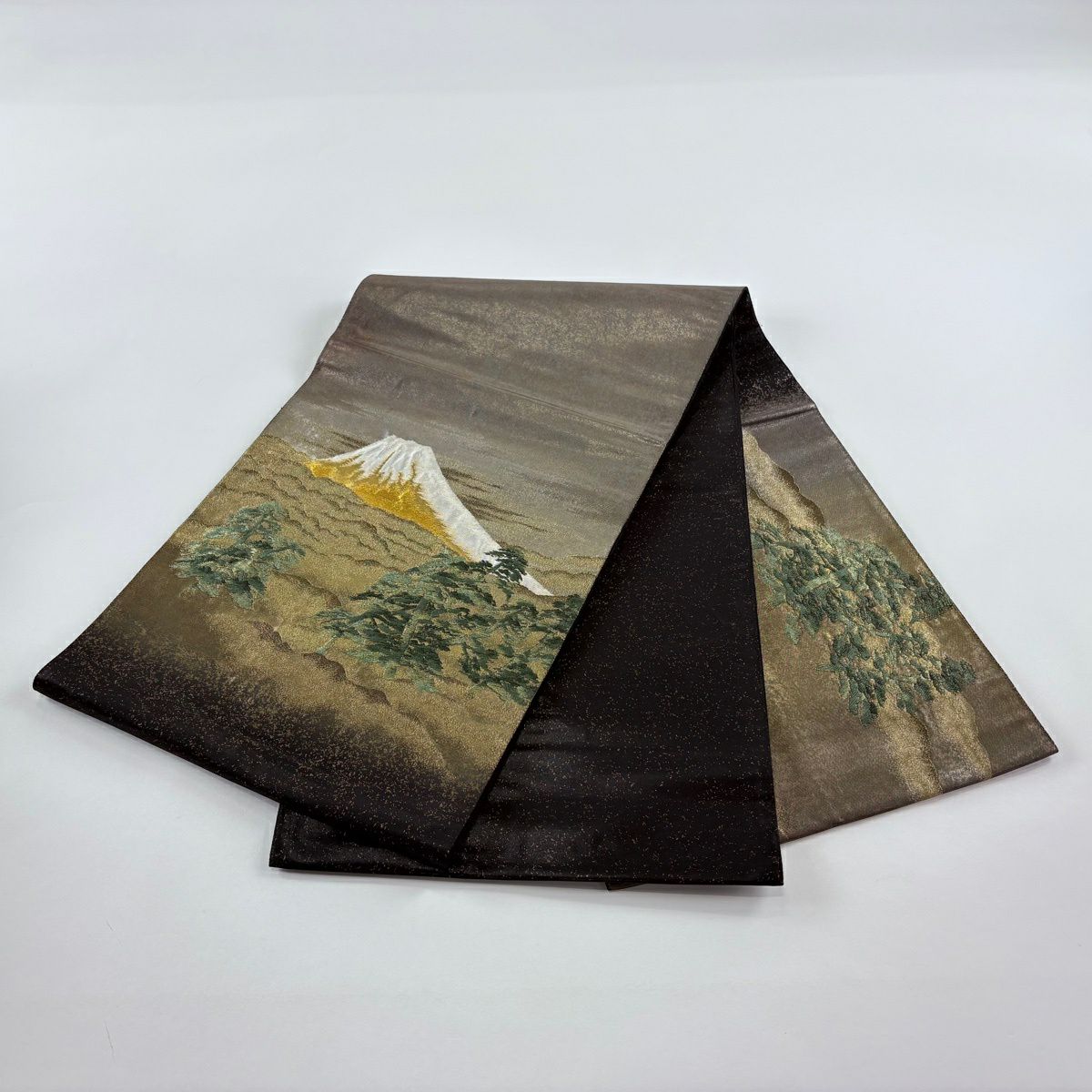 袋帶 名品級 橫山大觀 落款 富士山 松樹 金糸 金金箔 黑 お太鼓柄 純蠶絲