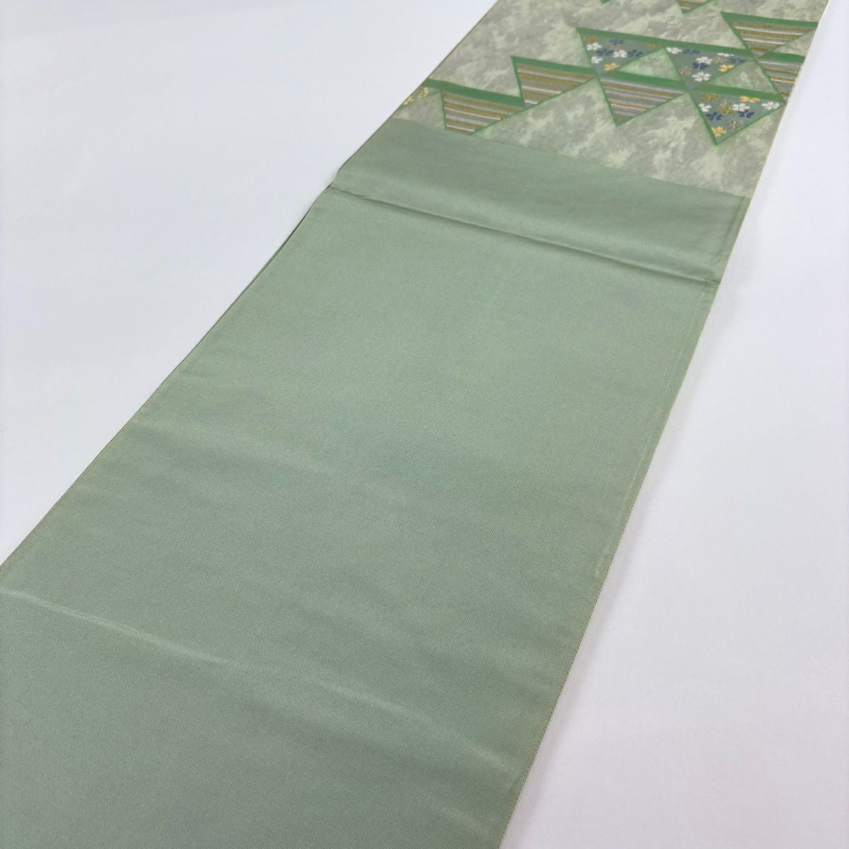 袋帶 名品級櫻花鱗紋 金銀絲 淺綠 六通 純蠶絲