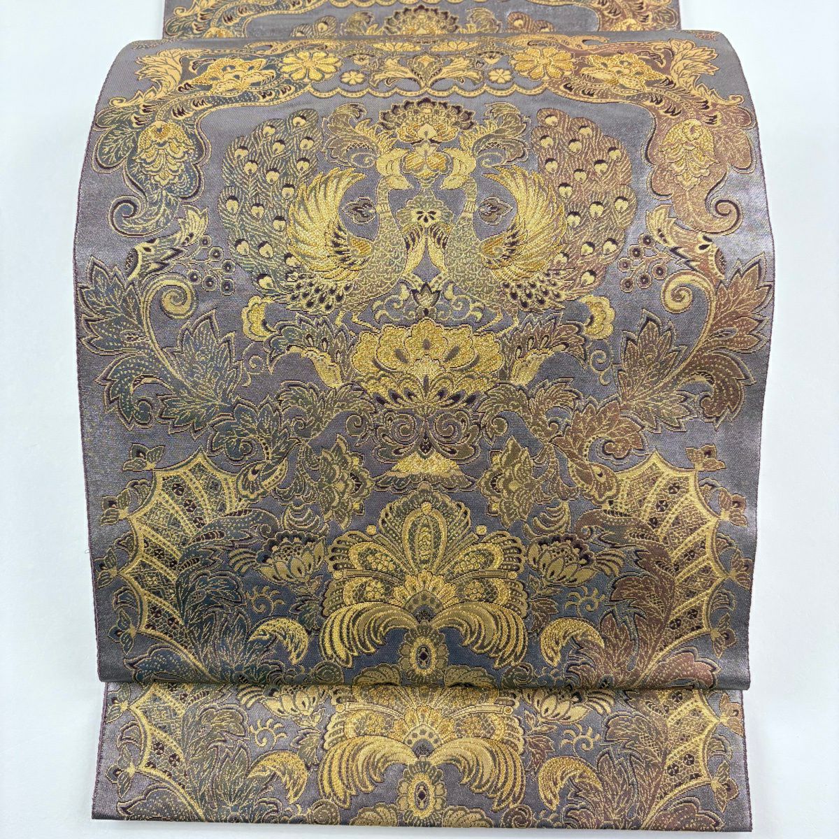【美品】 袋帶 名品級 長嶋成織物 落款あり 証紙あり 向鳥 草花紋 金絲 金金箔 灰紫 六通 純蠶絲