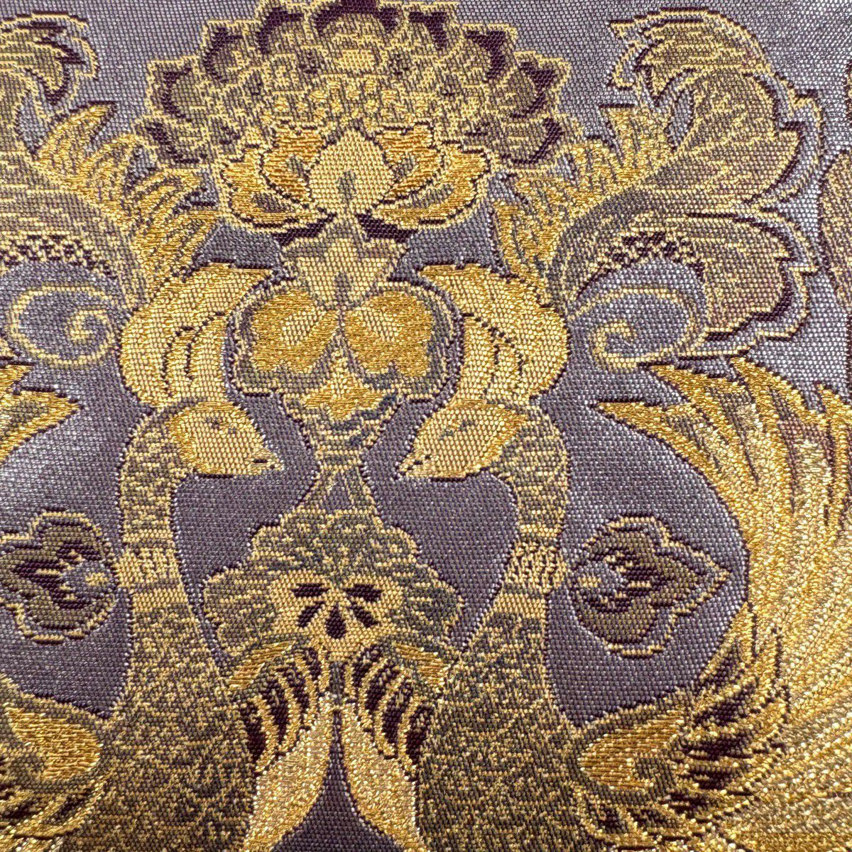 【美品】 袋帶 名品級 長嶋成織物 落款あり 証紙あり 向鳥 草花紋 金絲 金金箔 灰紫 六通 純蠶絲