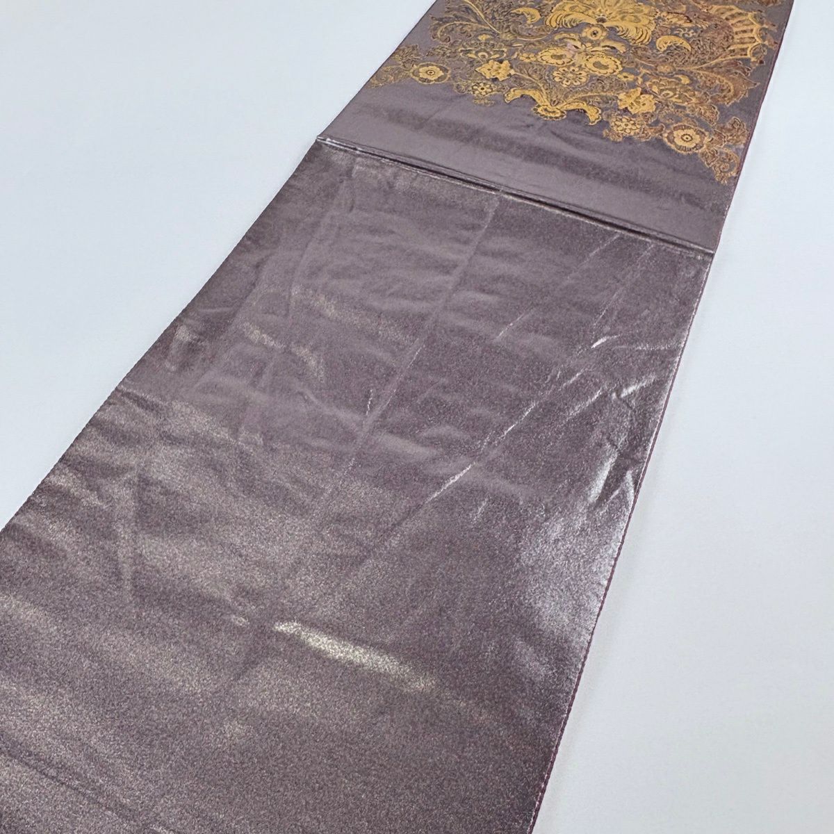 【美品】 袋帶 名品級 長嶋成織物 落款あり 証紙あり 向鳥 草花紋 金絲 金金箔 灰紫 六通 純蠶絲