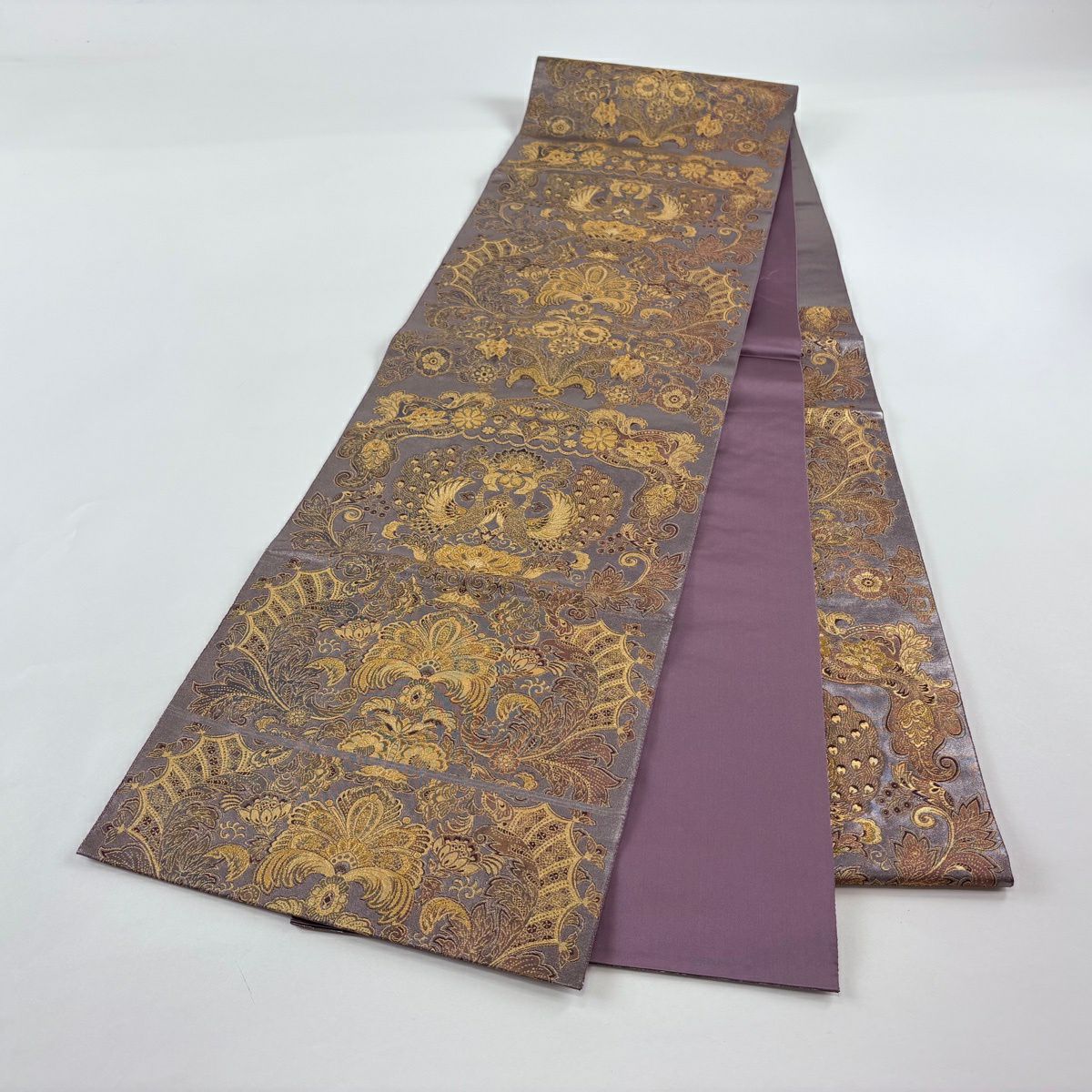 【美品】 袋帶 名品級 長嶋成織物 落款あり 証紙あり 向鳥 草花紋 金絲 金金箔 灰紫 六通 純蠶絲