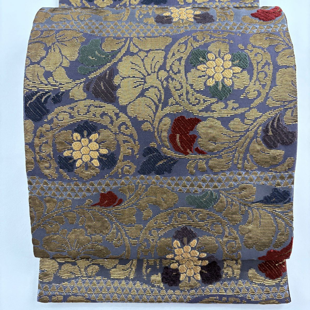 【美品】 袋帶 名品級 錦華燦 それいゆ 草花紋 金糸 青灰 六通 純蠶絲